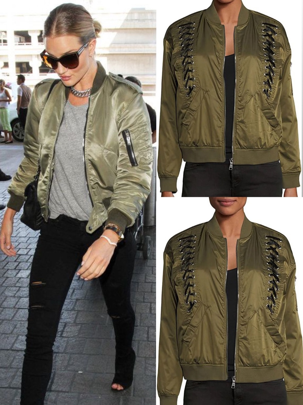 Vintage 2016, Bagatelle Olive Green Bomber Jacket with Velvet Lace-Up Detailing